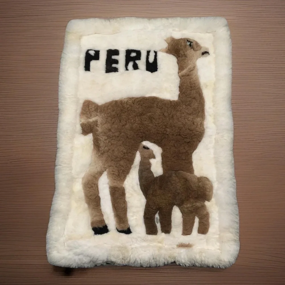 Vtg Peruvian 100% Alpaca Fur‎ Tapestry Rug Hand-made 38x 28 Mother & Calf Rare